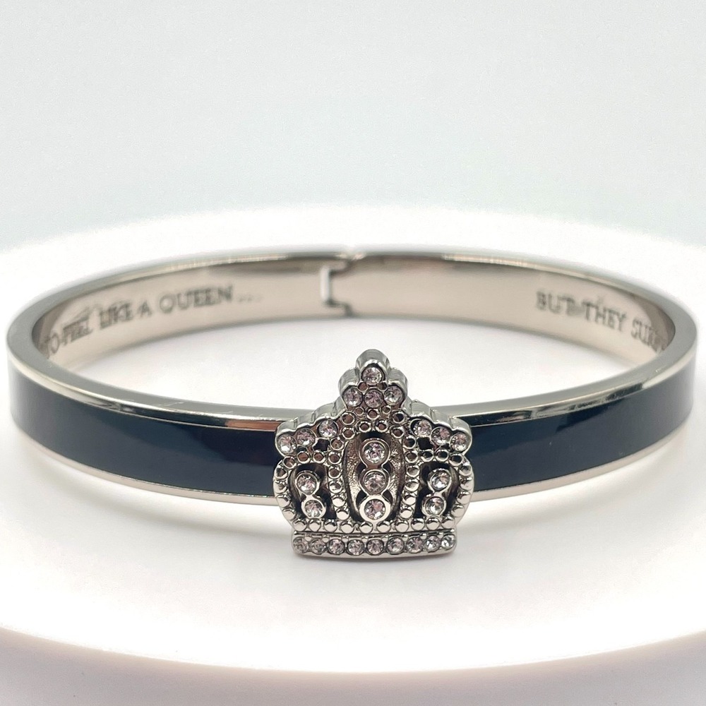 Vintage Y2K Silver Tone Black Enamel Rhinestone Crown Inscribed Bangle Bracelet